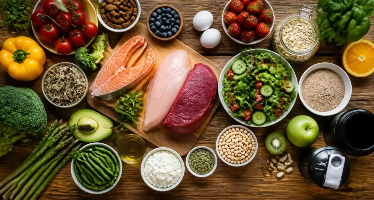 Vue aérienne d'aliments sains pour la nutrition sportive