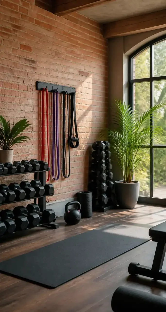 Salle de fitness à domicile équipée d'haltères et de kettlebells