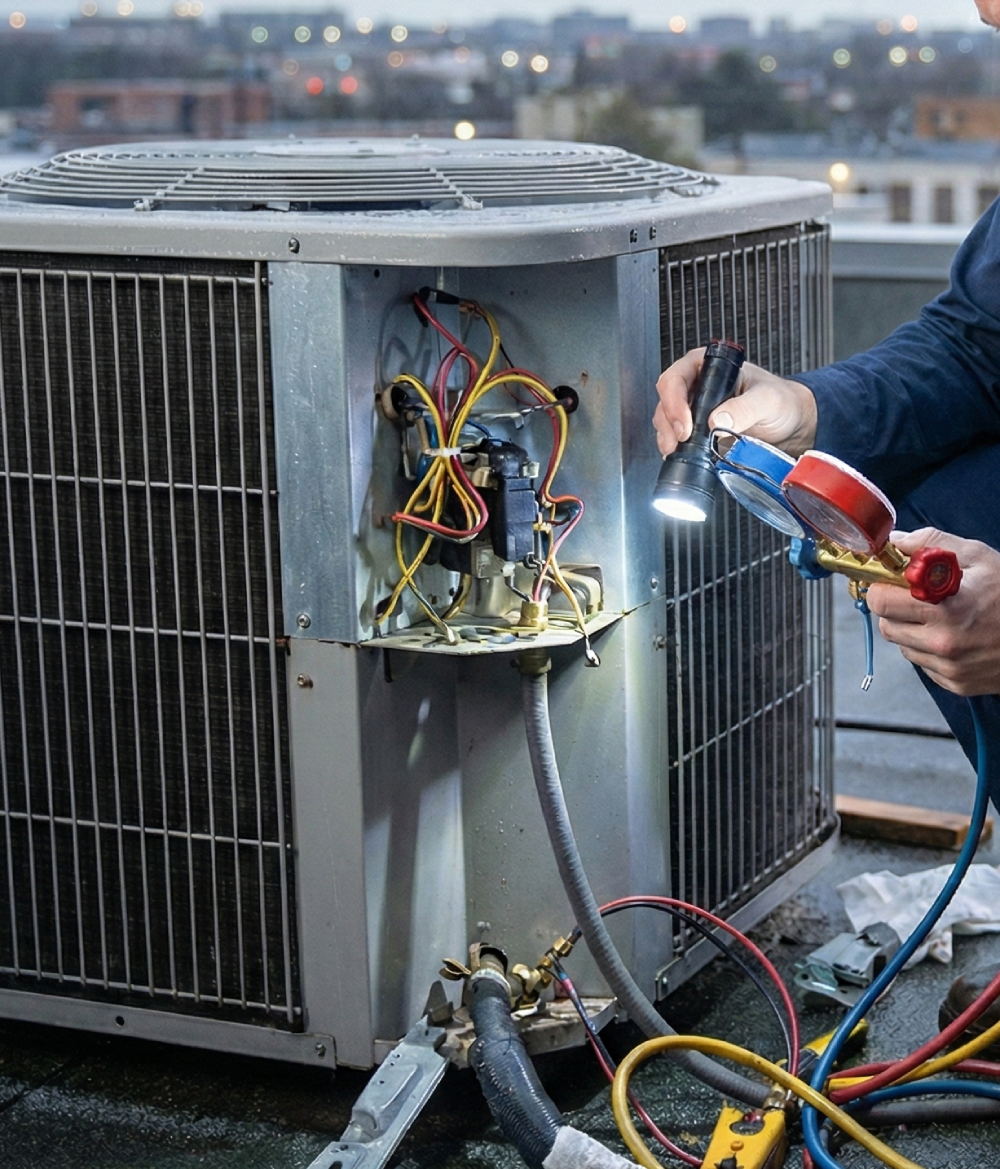 HVAC-Technician-Inspecting-Rooftop-Air-Conditioner-Condenser-Unit