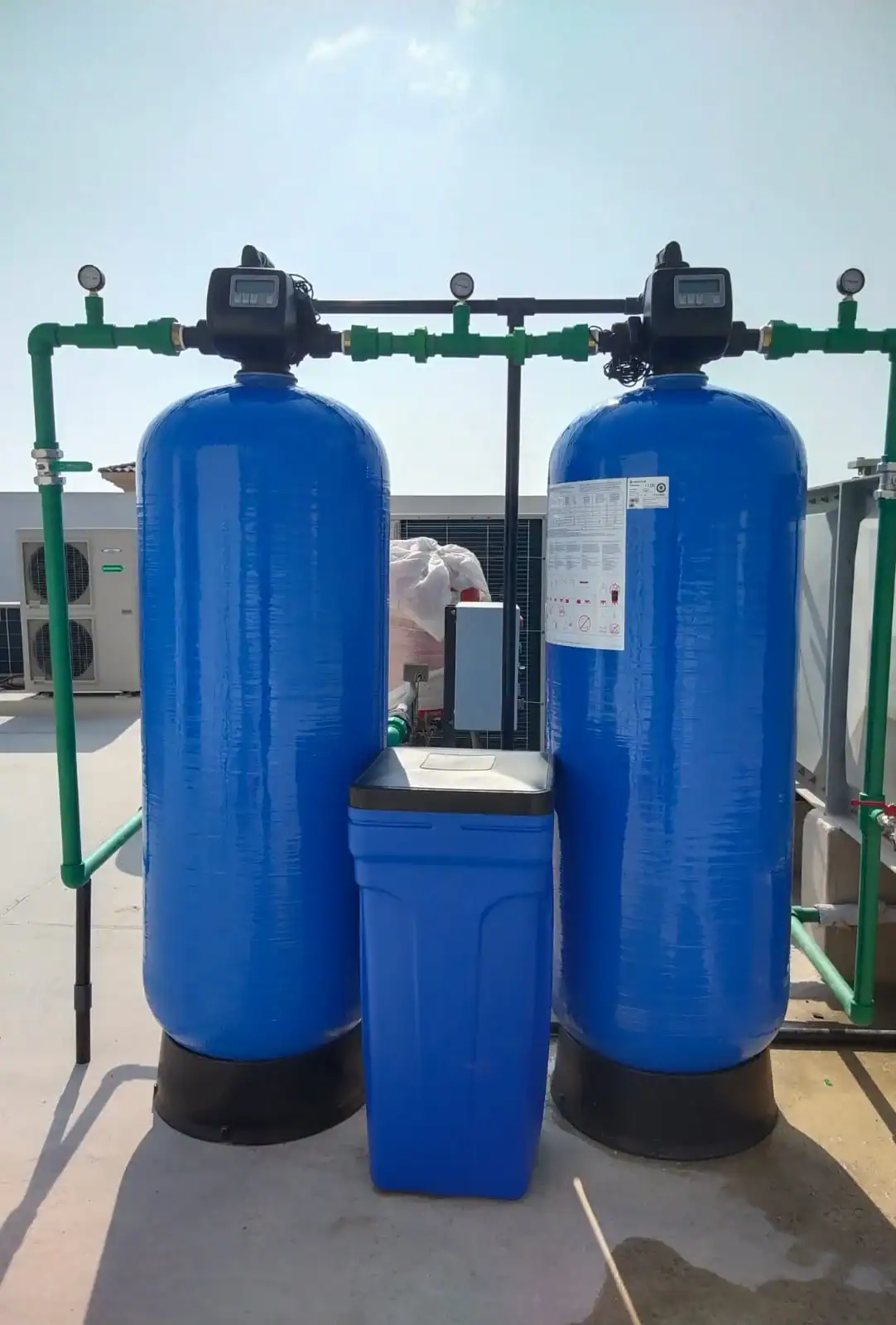 Dual-Tank-Commercial-Water-Softener-System-Rooftop-Installation