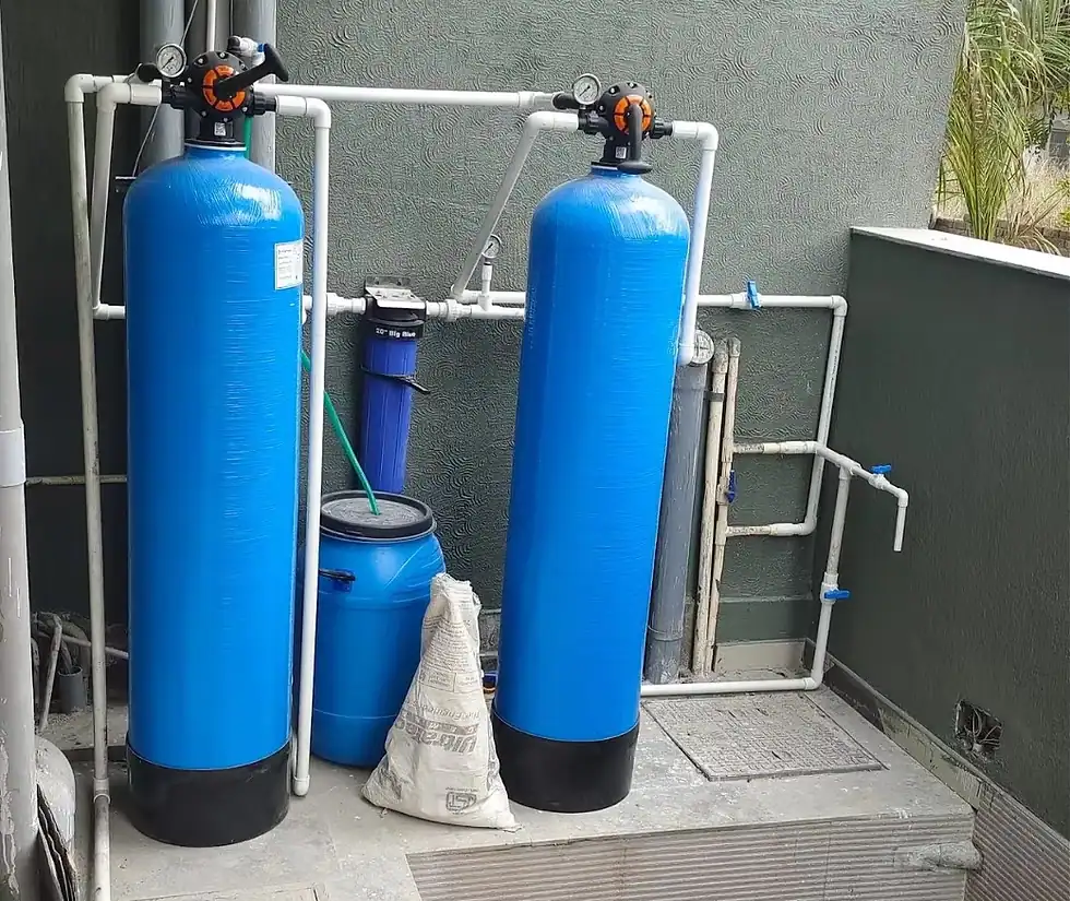 Dual-Tank-Blue-Water-Softener-System-Outdoor-Installation