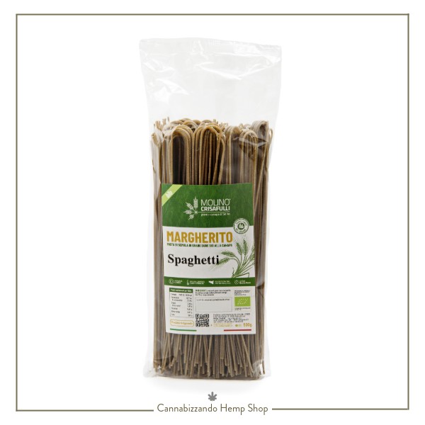 spaghetti di semola integrale Margherito e farina di canapa, trafilata al bronzo ed essiccata lentamente a bassa temperatura, prodotta in regime biologico senza pesticidi né antiparassitari