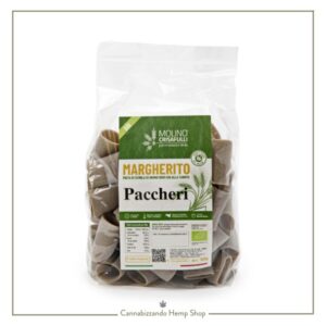paccheri con semola integrale, acqua e farina di canapa, prodotti in regime biologico senza pesticidi né antiparassitari