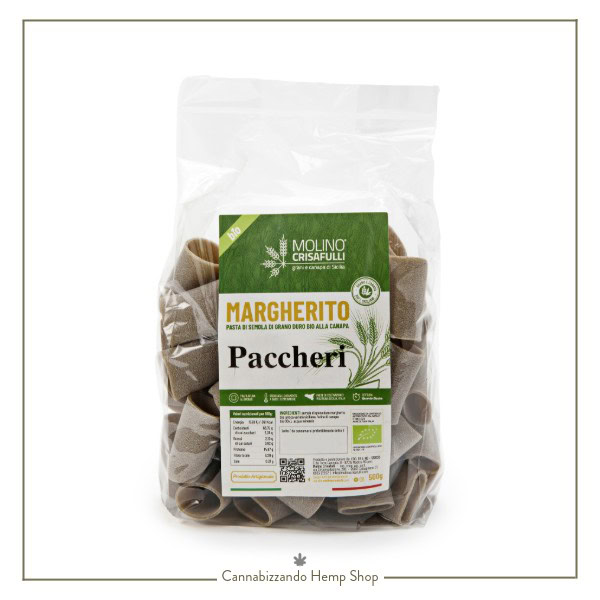 paccheri con semola integrale, acqua e farina di canapa, prodotti in regime biologico senza pesticidi né antiparassitari