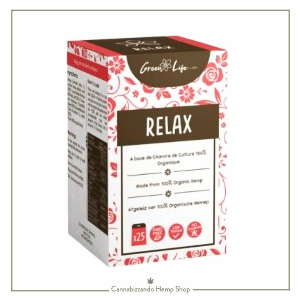 Green Life CBD Tea Infusion Relax - Tisana Rilassante con foglie di canapa, melissa, camomilla e fiori d'arancio. Adatta nei momenti di stress o per quando semplicemente vogliamo concederci una piacevole pausa.