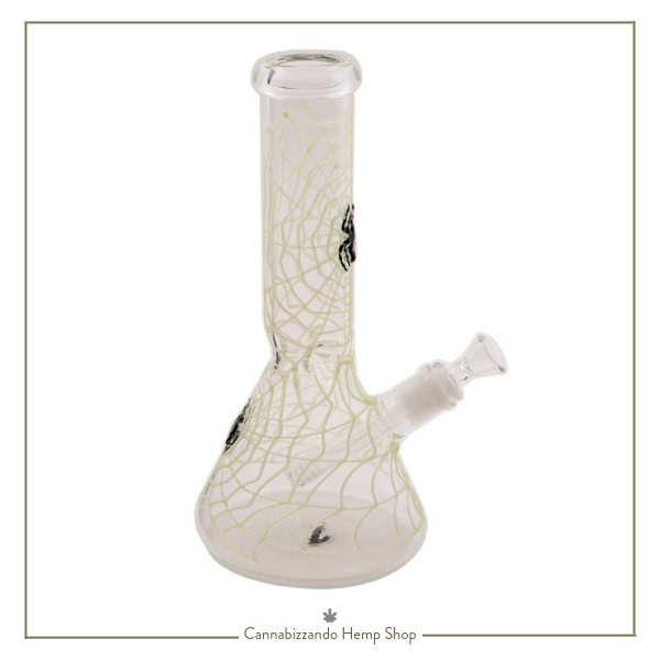 Bong in vetro con grafica Spider (ragnatela e ragno fosforescenti) con ampolla e punte per il ghiaccio