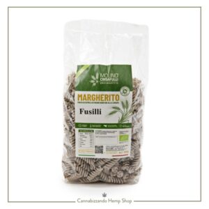 Fusilli di semola integrale Margherito e farina di canapa, trafilata al bronzo ed essiccata lentamente a bassa temperatura, prodotta in regime biologico senza pesticidi né antiparassitari