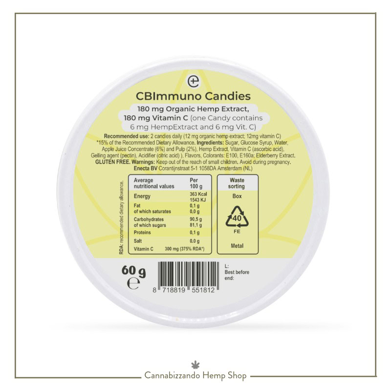 Le caramelle CBimmuno alla canapa con vitamina C e CBG sono un supporto naturale sotto forma di caramella colorata, buonissima e alla frutta. Sono state formulate appositamente per rafforzare le difese immunitarie e aiutare il sistema immunitario nel suo normale funzionamento. Contengono due semplici ingredienti di prima qualità: l’estratto di canapa, che ha dimostrato di avere un'azione immunomodulante e antibatterica e la vitamina C, che contribuisce al normale funzionamento del sistema immunitario e contrasta la produzione di radicali liberi. La sinergia di questi due ingredienti le rendono il prodotto ideale per affrontare l’inverno e i momenti di grande stanchezza fisica.