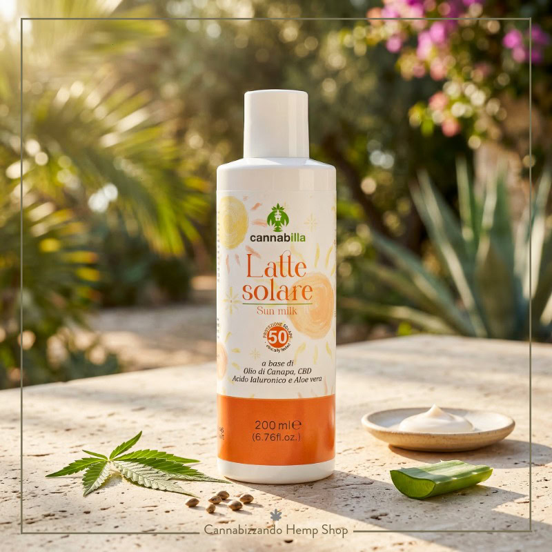 Protezione molto alta SPF 50 con CBD, Niacinamide e Olio di Canapa. Ideale per pelli sensibili. Previene macchie e rughe. Scopri il solare naturale Cannabilla.