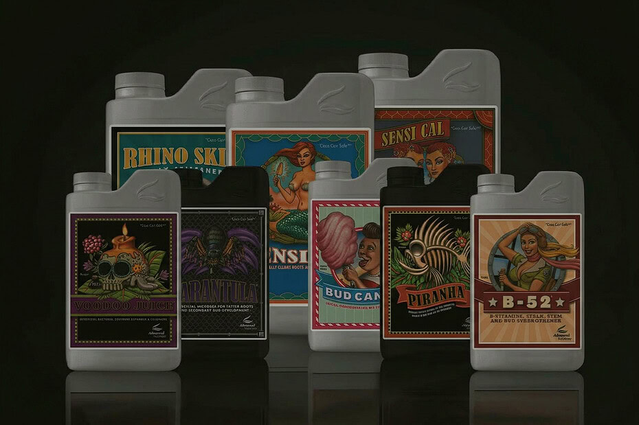 Guida ai fertilizzanti Advanced Nutrients con flaconi pH Perfect, Big Bud e Voodoo Juice per la coltivazione."