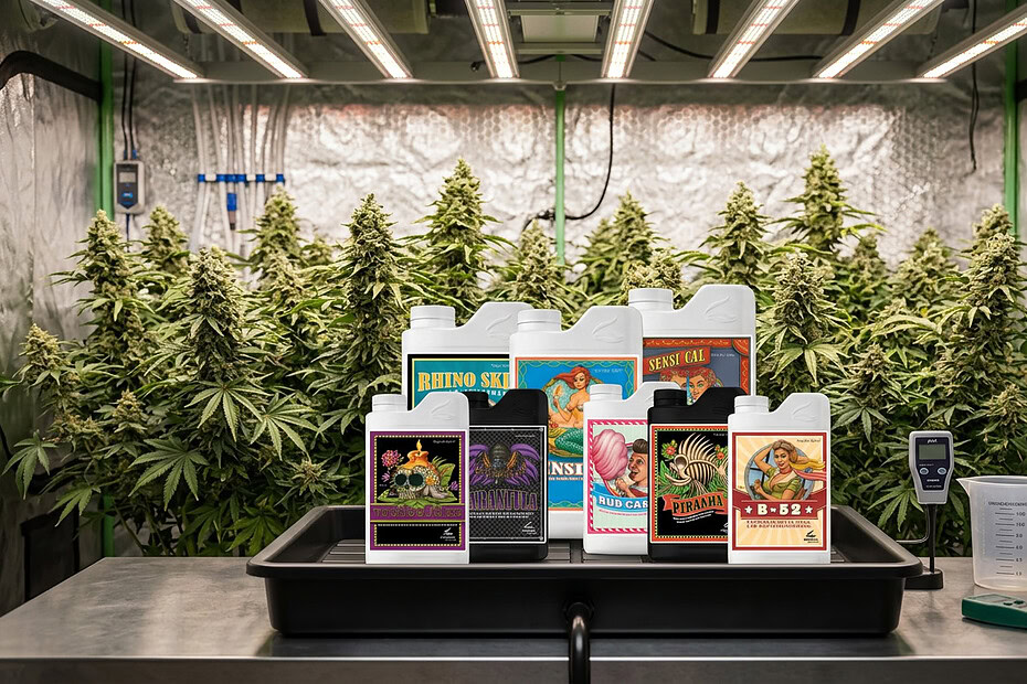 Guida ai fertilizzanti Advanced Nutrients con flaconi pH Perfect, Big Bud e Voodoo Juice per la coltivazione."