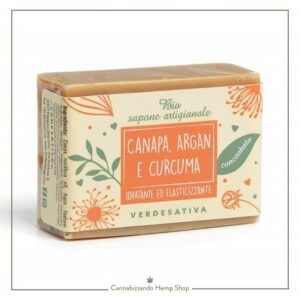 Scopri il Sapone Artigianale Verdesativa alla Canapa, Argan e Curcuma. Certificato Bio AIAB, nutre e illumina la pelle in modo naturale. 100% biodegradabile.