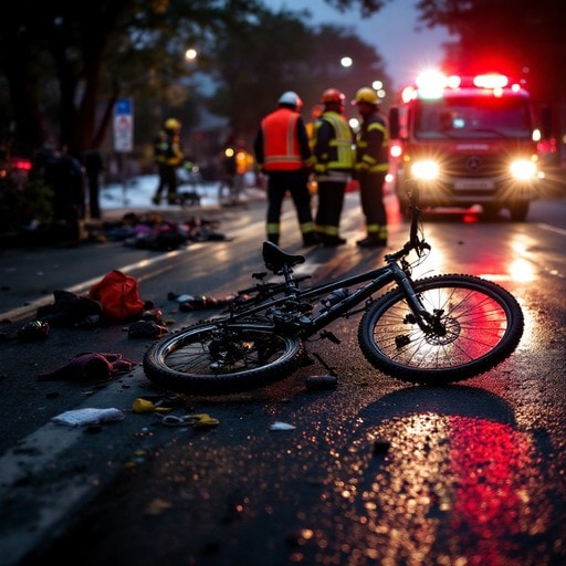 Bike accident scene with emergency responders at night, flashing lights, and debris on the road.