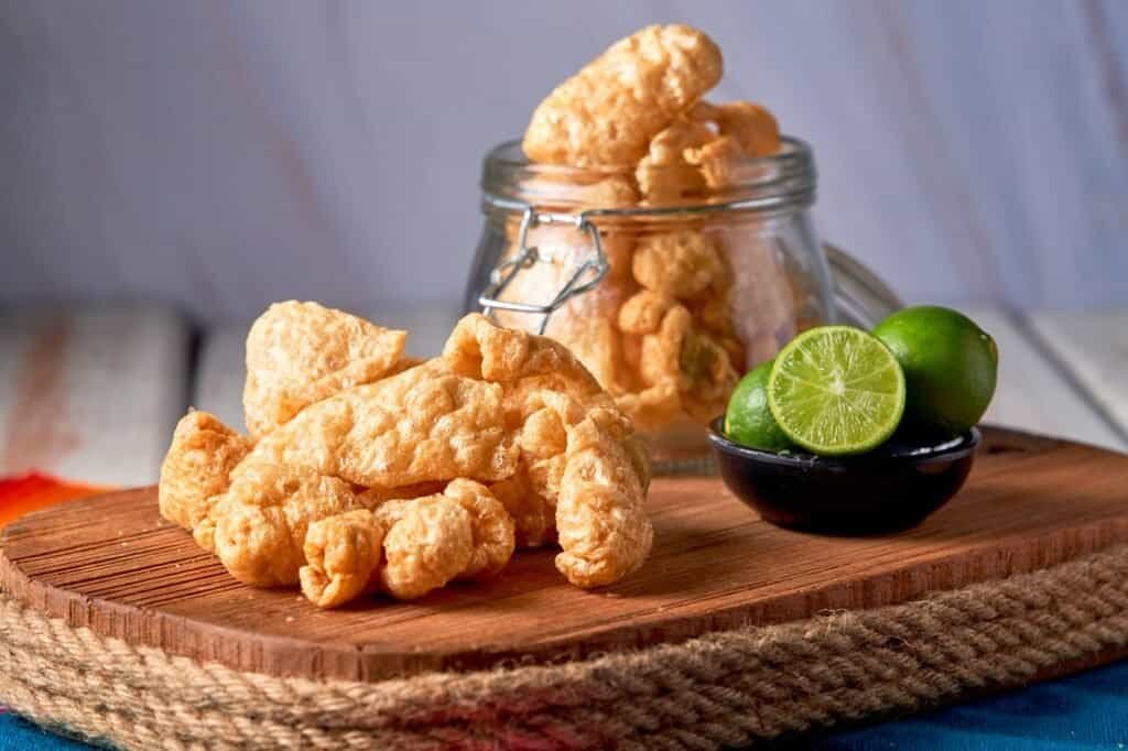Pork Rinds also called chicharron or chicharrones and tortilla