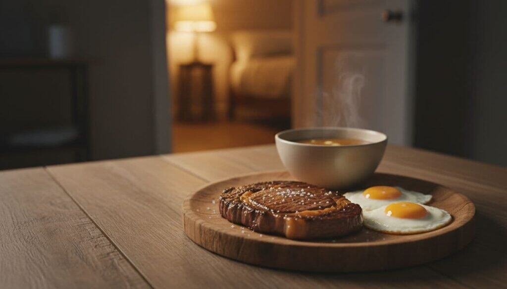 A hearty carnivore dinner with steak, eggs, and a hot beverage, promoting improved sleep quality through a meat-based diet. Perfect for those following the carnivore lifestyle.