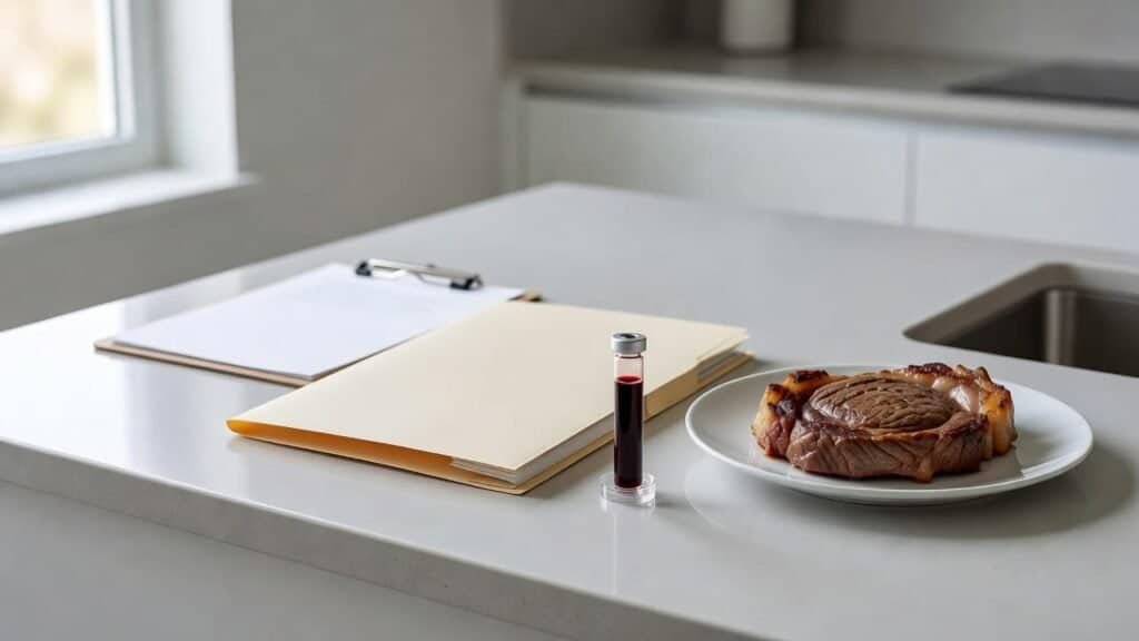 A blood sample, a plate of raw meat, and medical documents on a white kitchen counter, illustrating carnivore diet blood testing.