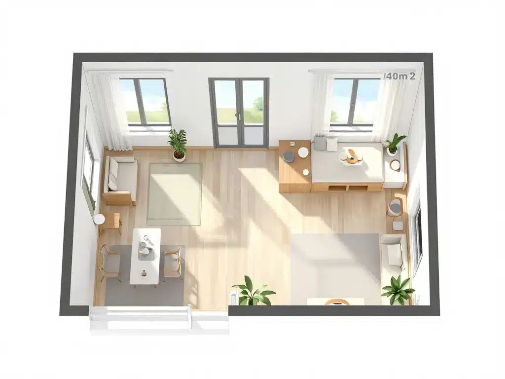 plan extension maison 40m2 top view intérieur lumineux et bien organisé