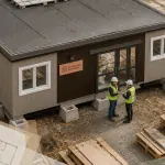 bungalow préfabriqué gris taupe et brun sur chantier