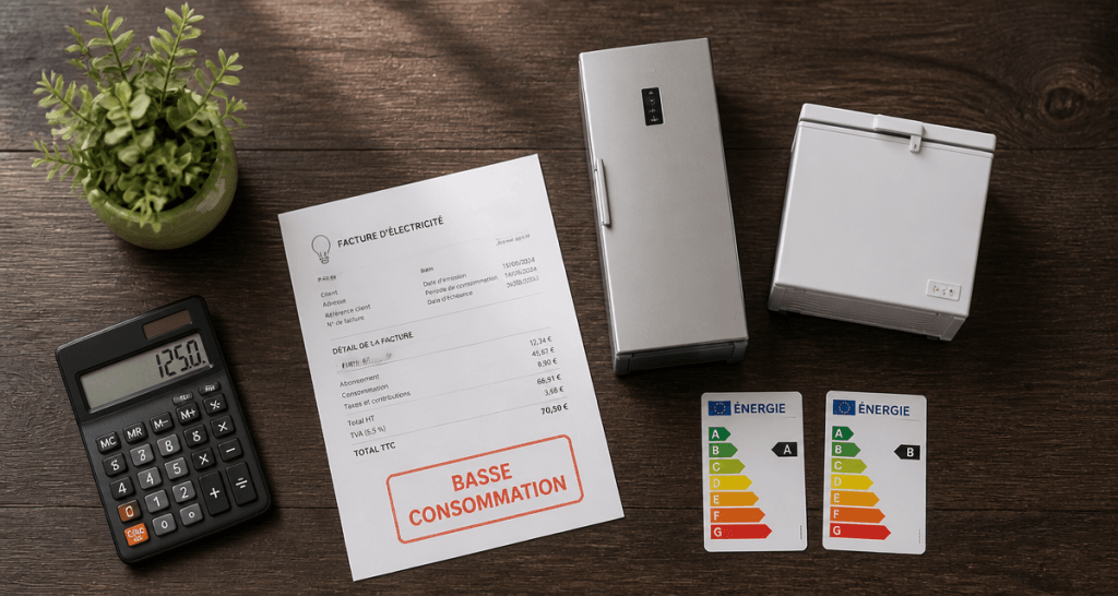 congélateur basse consommation avec étiquette énergie et facture