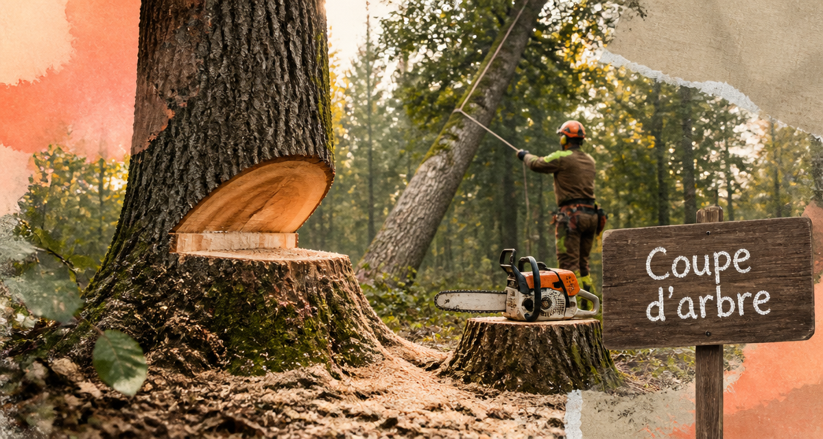 Coupe arbre en forêt avec professionnel et tronçonneuse
