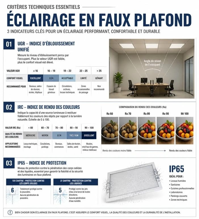 Infographie des critères techniques pour luminaire faux plafond : UGR, IRC et IP65