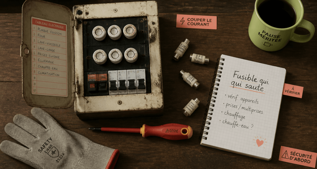 fusible qui saute sur un plan de travail avec outils
