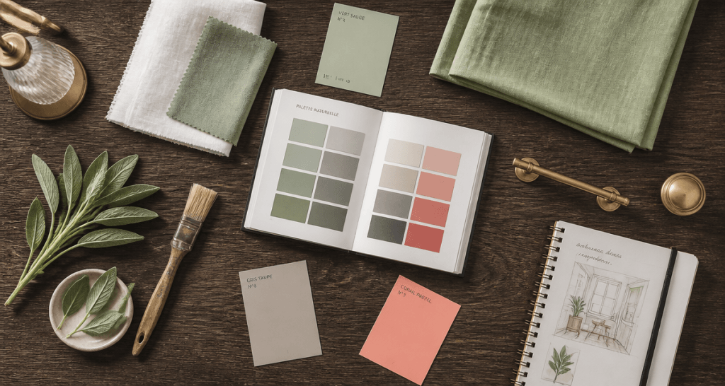 échantillons vert sauge déco sur table en bois