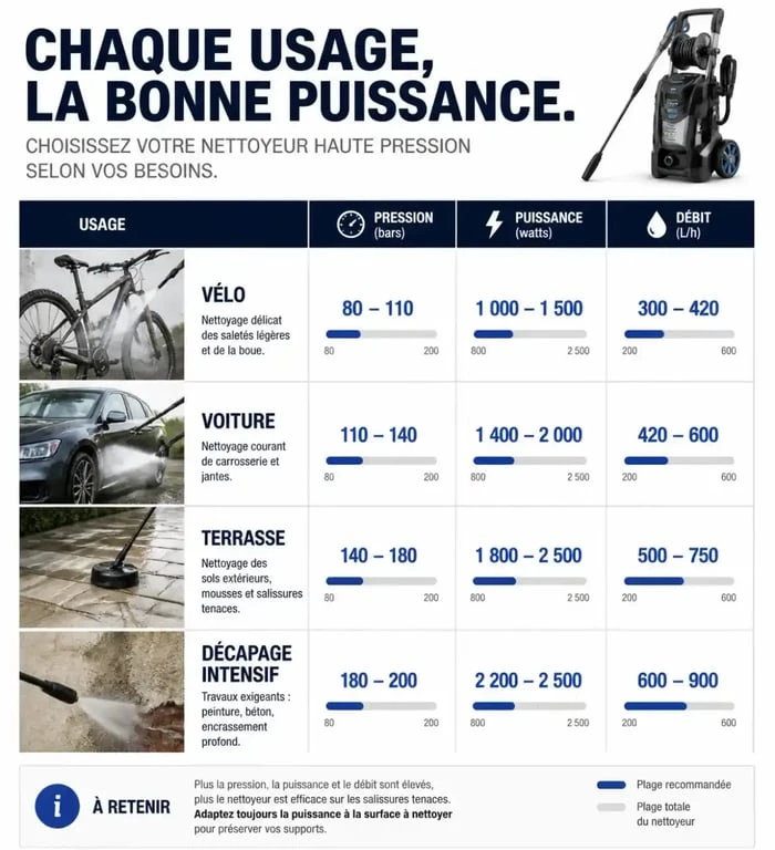 Infographie récapitulative des puissances recommandées pour un nettoyeur haute pression Karcher selon l'usage
