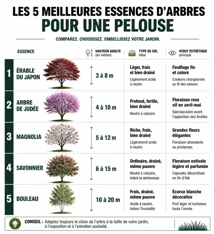 Infographie comparative des 5 meilleurs arbres à planter au milieu d'une pelouse pour un jardin harmonieux