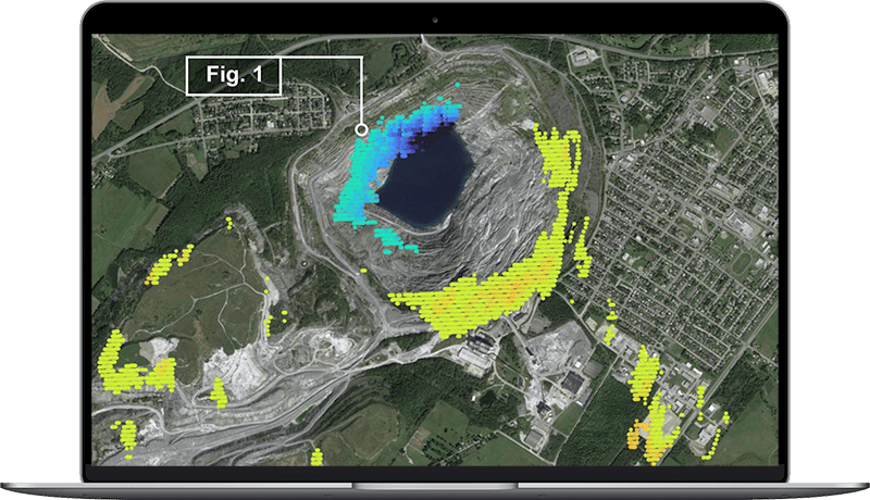 Image of a laptop showing the ground displacement at The Jeffrey Asbestos Mine