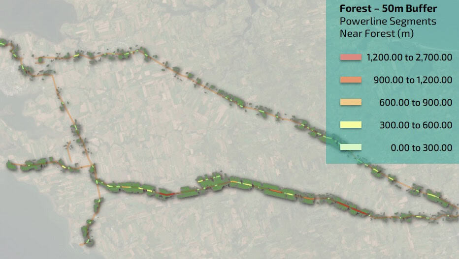 Network categorized by proximity to vegetation, with red highlights indicating high risk areas with Right-of-Way or ROW proximity less than 50m from power lines.Â