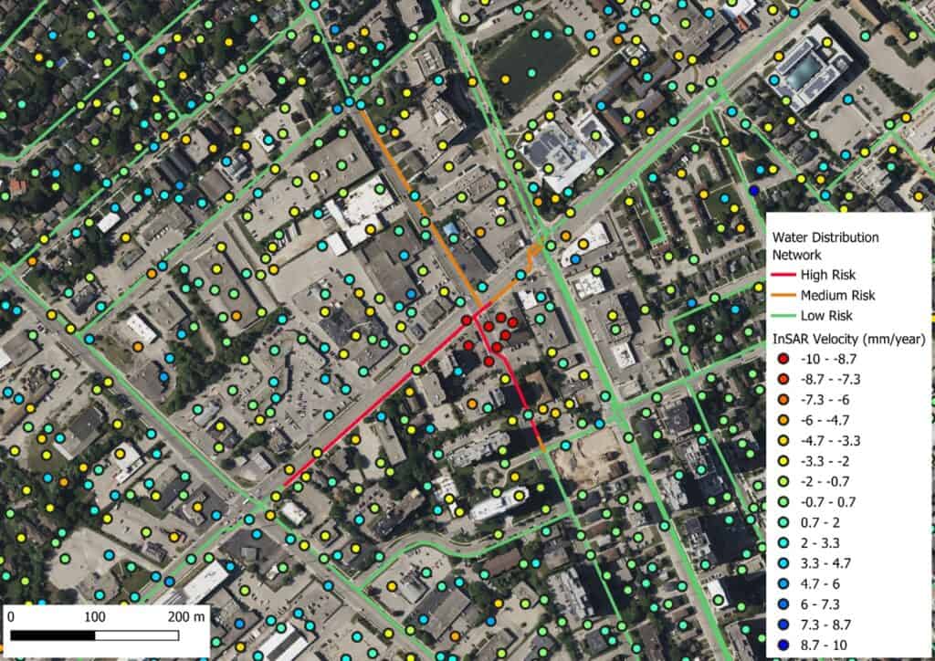 Water distribution network categorized by risk associated with the velocity of ground movement identified using InSAR analysis