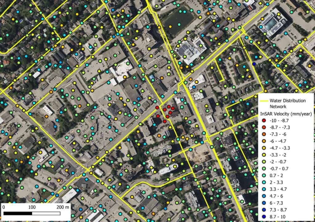 InSAR ground deformation velocity measurements in mm/year overlaid on a water distribution network
showcasing the broad area coverage capability of InSAR analysis