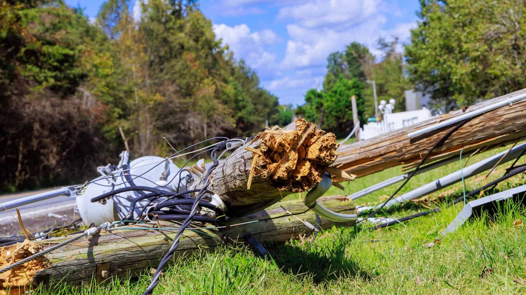 In course of strong tornado, wind has broken electric poles with wires attached