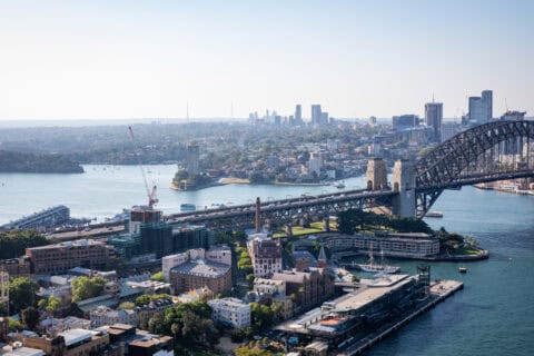 An aerial image of Sydney, Australia showing the Harbour Bridge