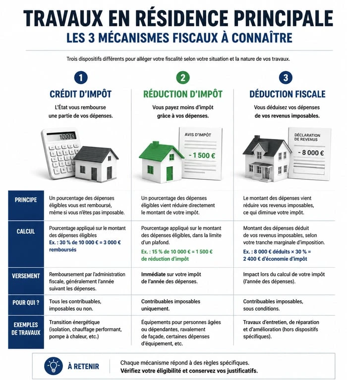 Infographie des dispositifs fiscaux pour travaux déductibles impôts résidence principale 2024