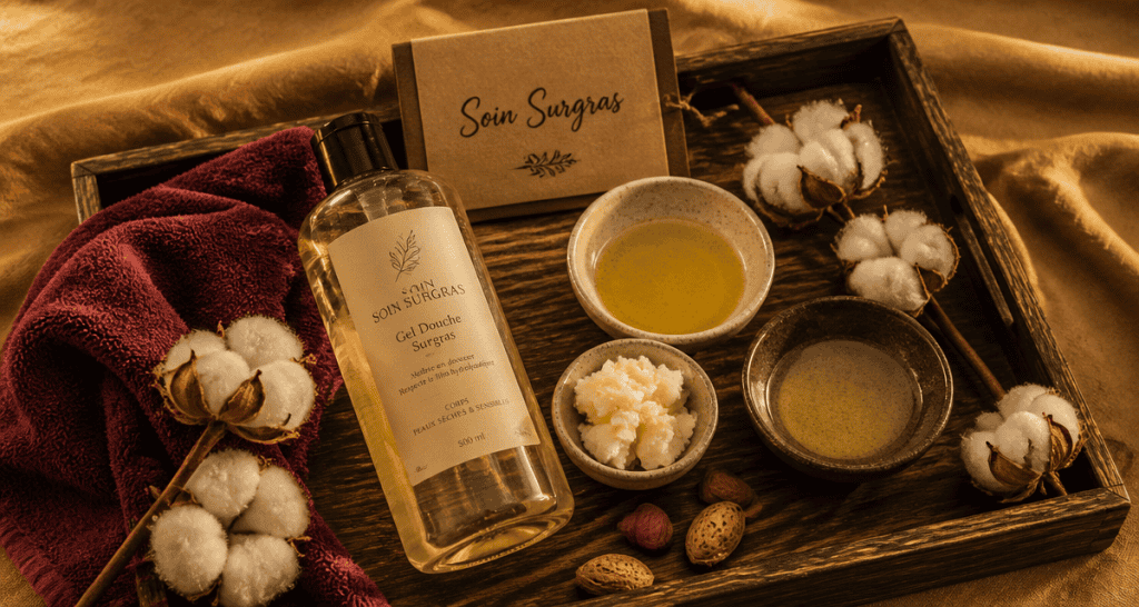 meilleur gel douche surgras flacon huiles naturelles plateau bois