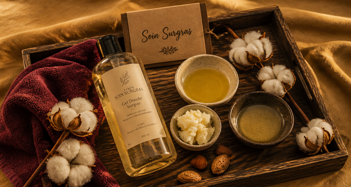 meilleur gel douche surgras flacon huiles naturelles plateau bois