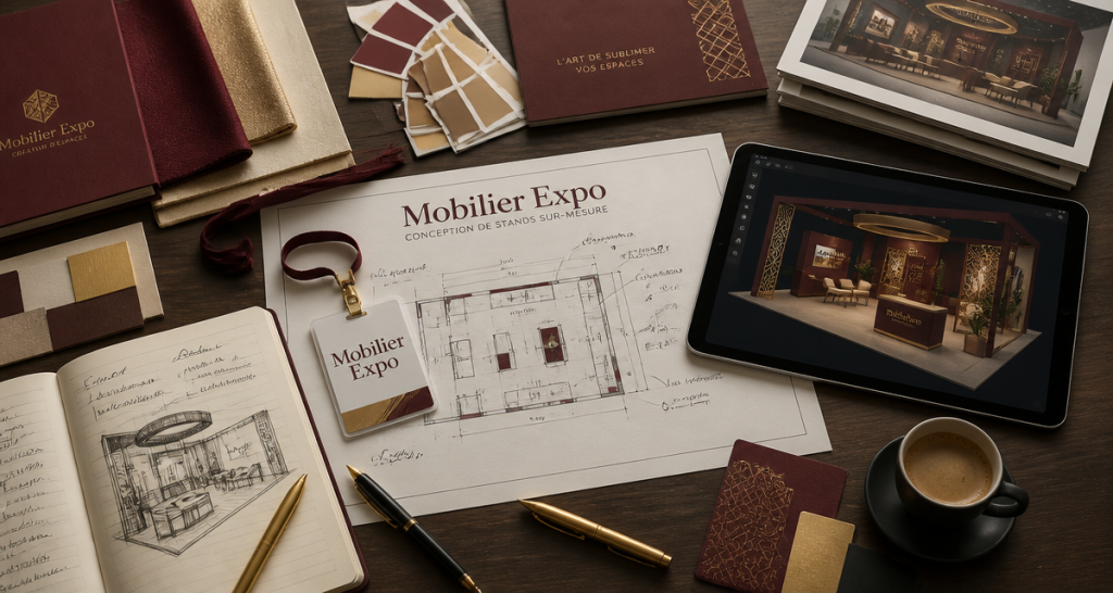 mobilier pour stand exposition vue bureau plans et échantillons