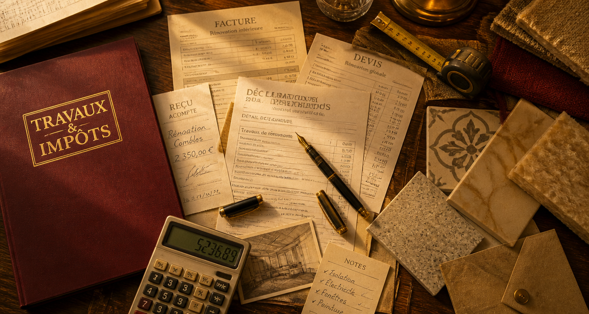 Travaux maison impots documents et factures sur table