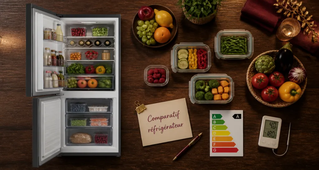 Comparatif réfrigérateur congélateur avec vue compartiments et étiquettes énergie