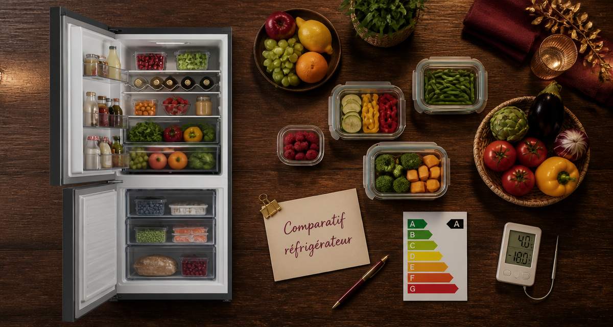 Comparatif réfrigérateur congélateur avec vue compartiments et étiquettes énergie