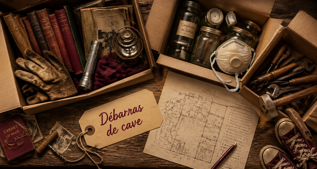 Débarras cave cartons et outils sur table
