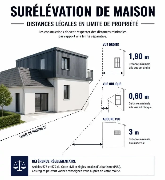 Schéma des distances légales pour un projet de surélévation de maison et voisinage