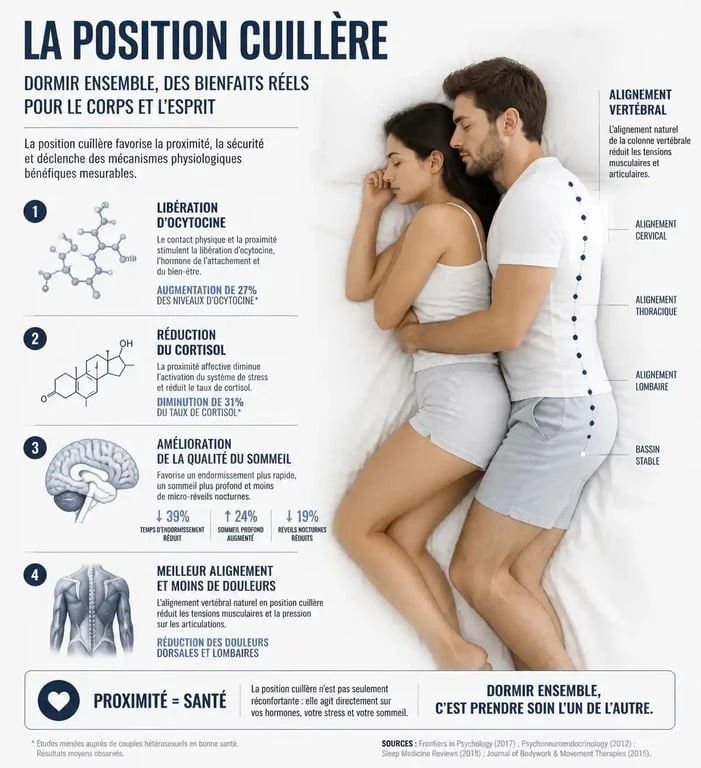 Infographie sur les bienfaits physiologiques et psychologiques de la position cuillère pour dormir en couple