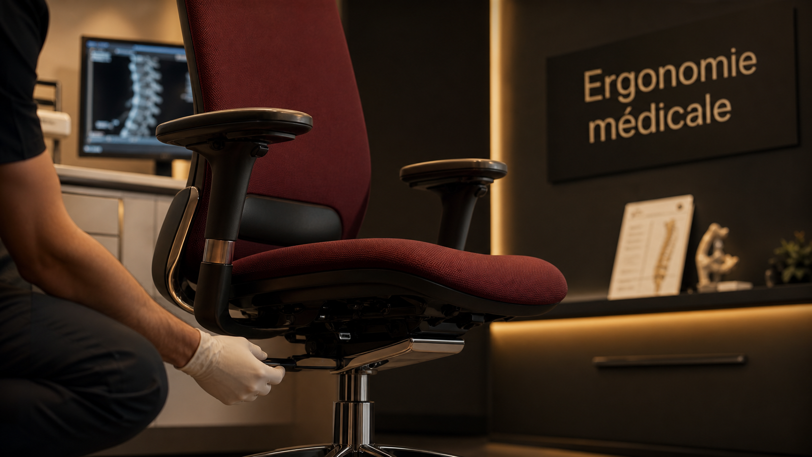 Fauteuil de bureau ergonomique médical réglé : hauteur, lombaires, accoudoirs, TMS