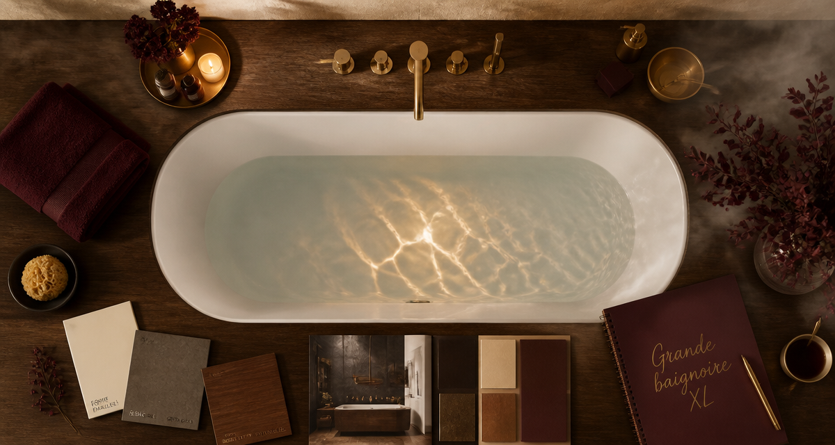 grande baignoire blanche vue du dessus sur plan de travail spa