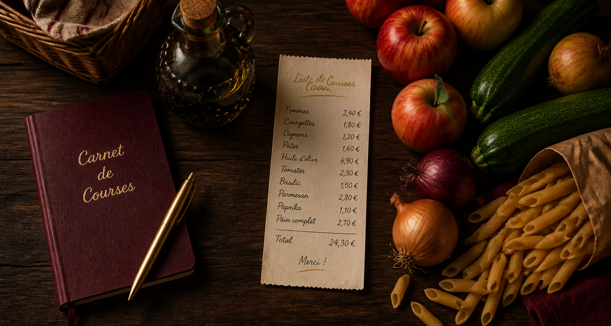 liste courses alimentaires sur table avec carnet et produits