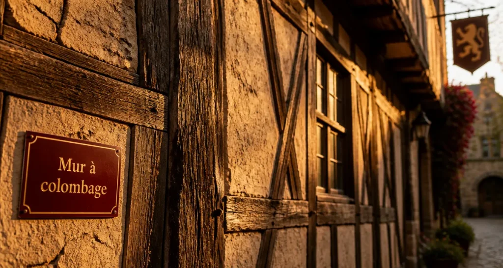 Mur colombage en bois et torchis en façade ancienne
