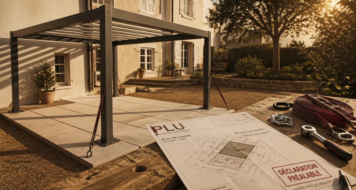 Pergola démontable sans autorisation, aluminium sur dalles, modèle prêt pour déclaration préalable